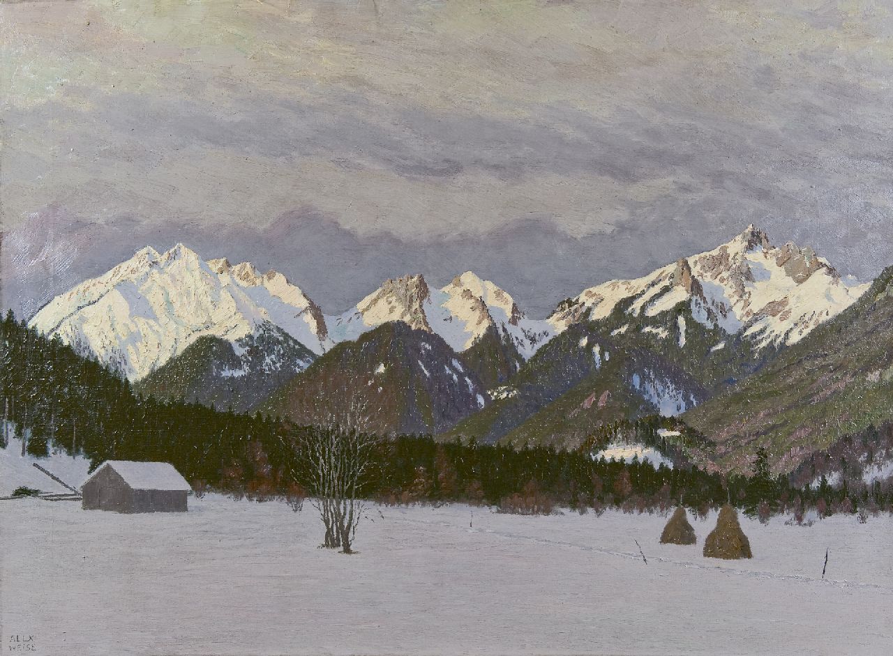 Weise A.  | Alexander Weise, Snowy Ammer Mountains at sunset, oil on canvas 73.5 x 99.8 cm, signed l.l.