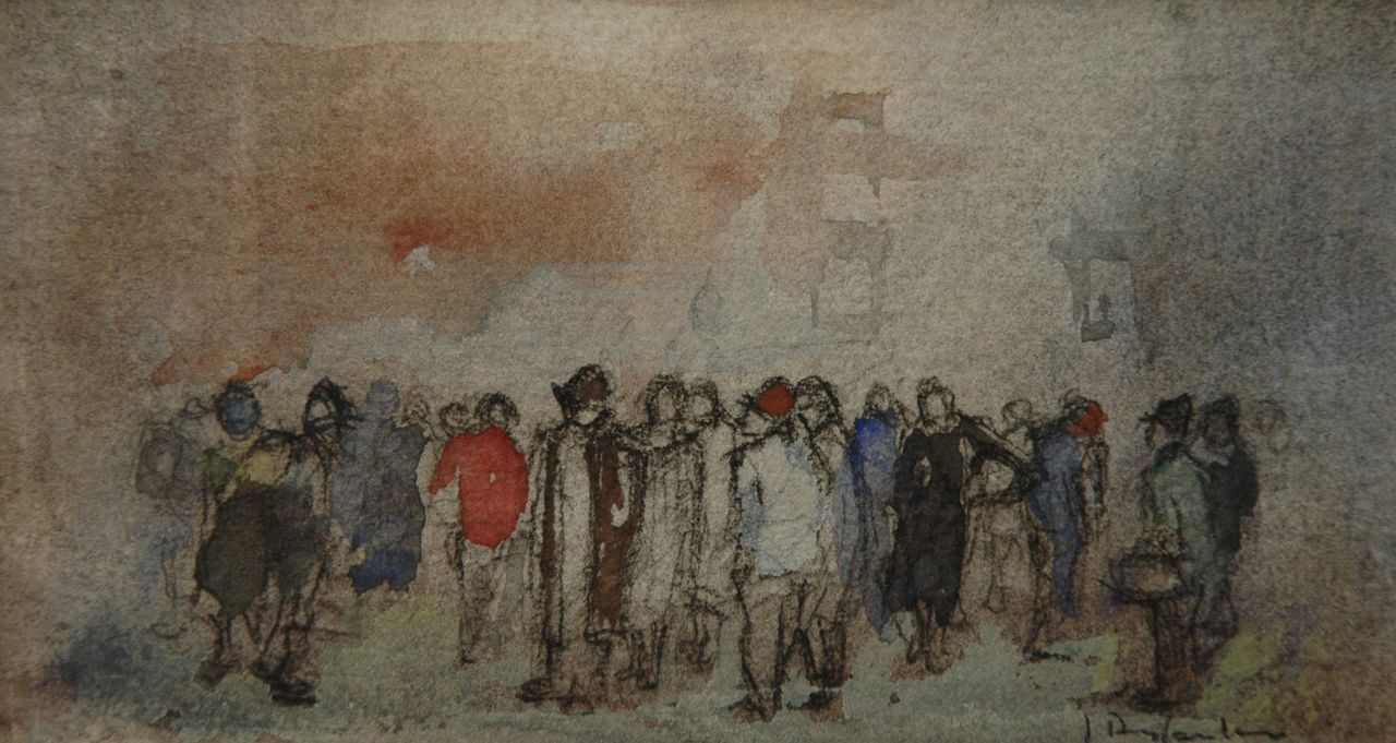 Rijlaarsdam J.  | Jan Rijlaarsdam, Figures in a street, watercolour on paper 7.9 x 13.5 cm, signed l.r. and painted ca. 1978