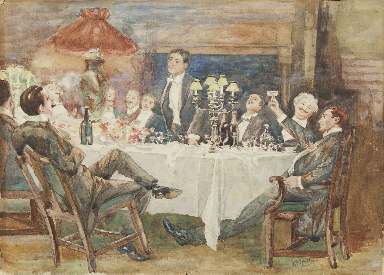 Beattie | The bachelor dinner, watercolour on paper, 25.3 x 35.5 cm, signed l.r. and dated 1900