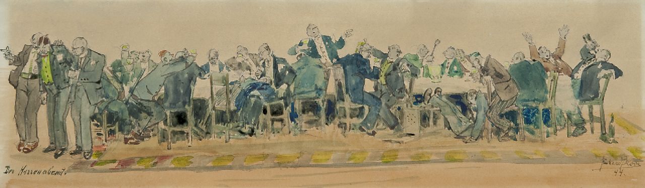 Bloos R.W.  | 'Richard' Willi Bloos, The gentlemen's evening, watercolour on paper 14.1 x 48.9 cm, signed l.r. and dated '44