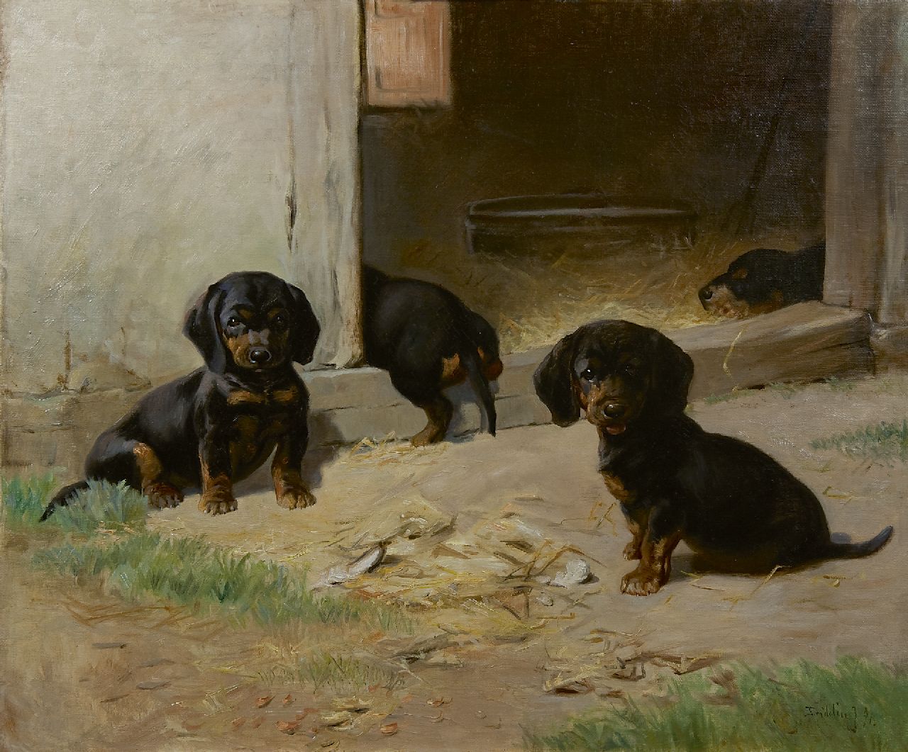 Johansen H.F.  | Hans 'Fridolin' Johansen, Young dachshunds around a barn, oil on canvas 52.3 x 63.0 cm, signed l.r. and dated '91
