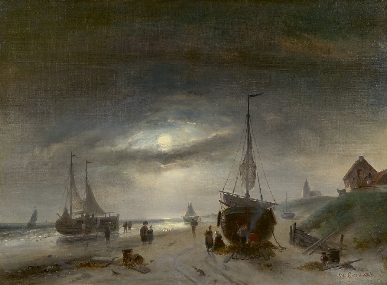 Leickert C.H.J.  | 'Charles' Henri Joseph Leickert, Barges on the beach of Scheveningen, by moonlight, oil on canvas 48.6 x 65.6 cm, signed l.r.