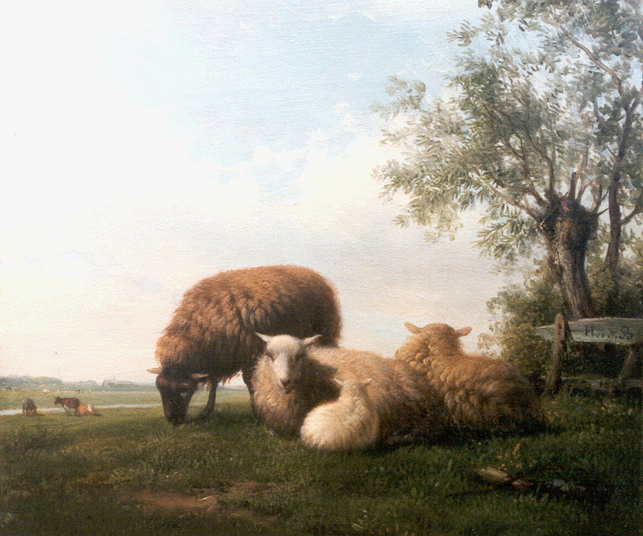Sande Bakhuyzen H. van de | Hendrikus van de Sande Bakhuyzen, Sheep near a fence, oil on panel 17.5 x 20.5 cm, signed l.r. on the fence and dated 1825