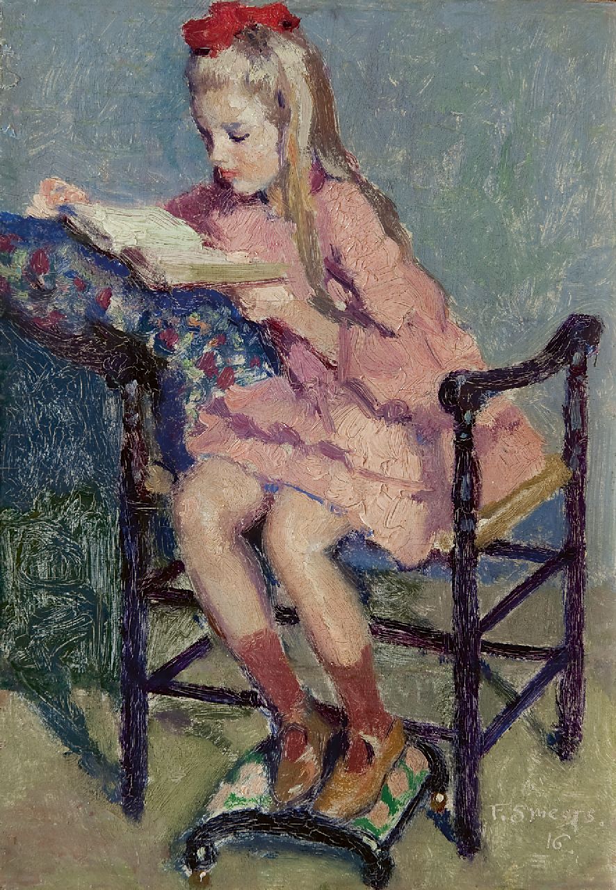 Smeers F.  | Frans Smeers, Girl reading, oil on panel 23.9 x 16.7 cm, signed l.r. and dated '16