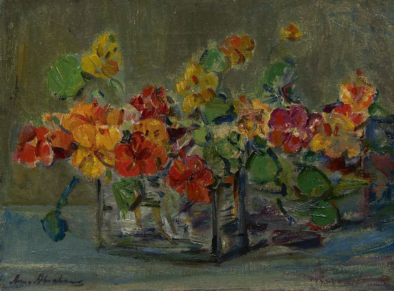 Abrahams A.A.  | Anna Adelaïde Abrahams, Nasturtium in a vase, oil on canvas 33.0 x 44.1 cm, signed l.l.