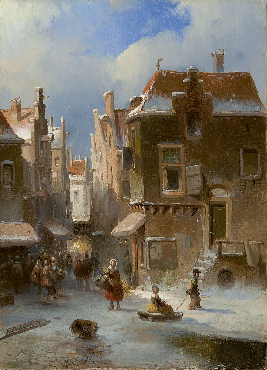 Vrolijk J.A.  | Jacobus 'Adriaan' Vrolijk, A snow covered street, oil on panel 23.2 x 16.8 cm, signed l.l. and dated '54