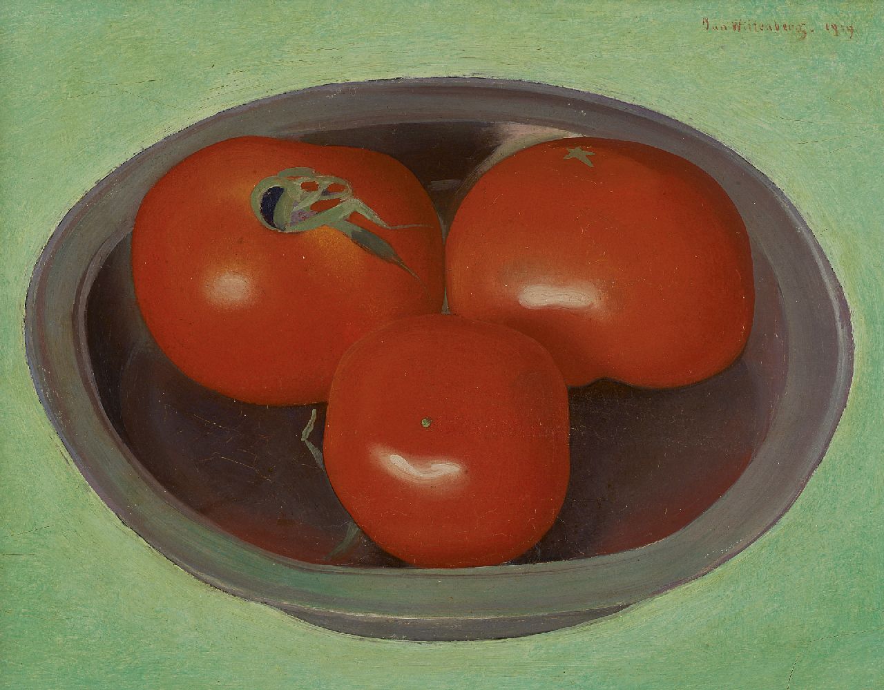 Wittenberg J.H.W.  | 'Jan' Hendrik Willem Wittenberg, Still life of three tomatoes on a plate, oil on canvas laid down on painter's board 17.5 x 23.2 cm, signed u.r. and dated 1919