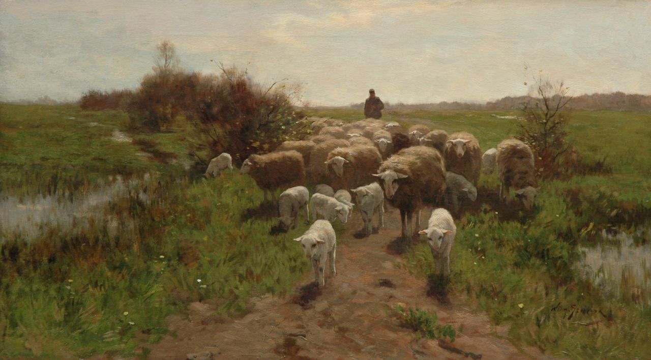 Steelink jr. W.  | Willem Steelink jr., Shepherd with his flock, oil on canvas 56.7 x 100.4 cm, signed l.r.