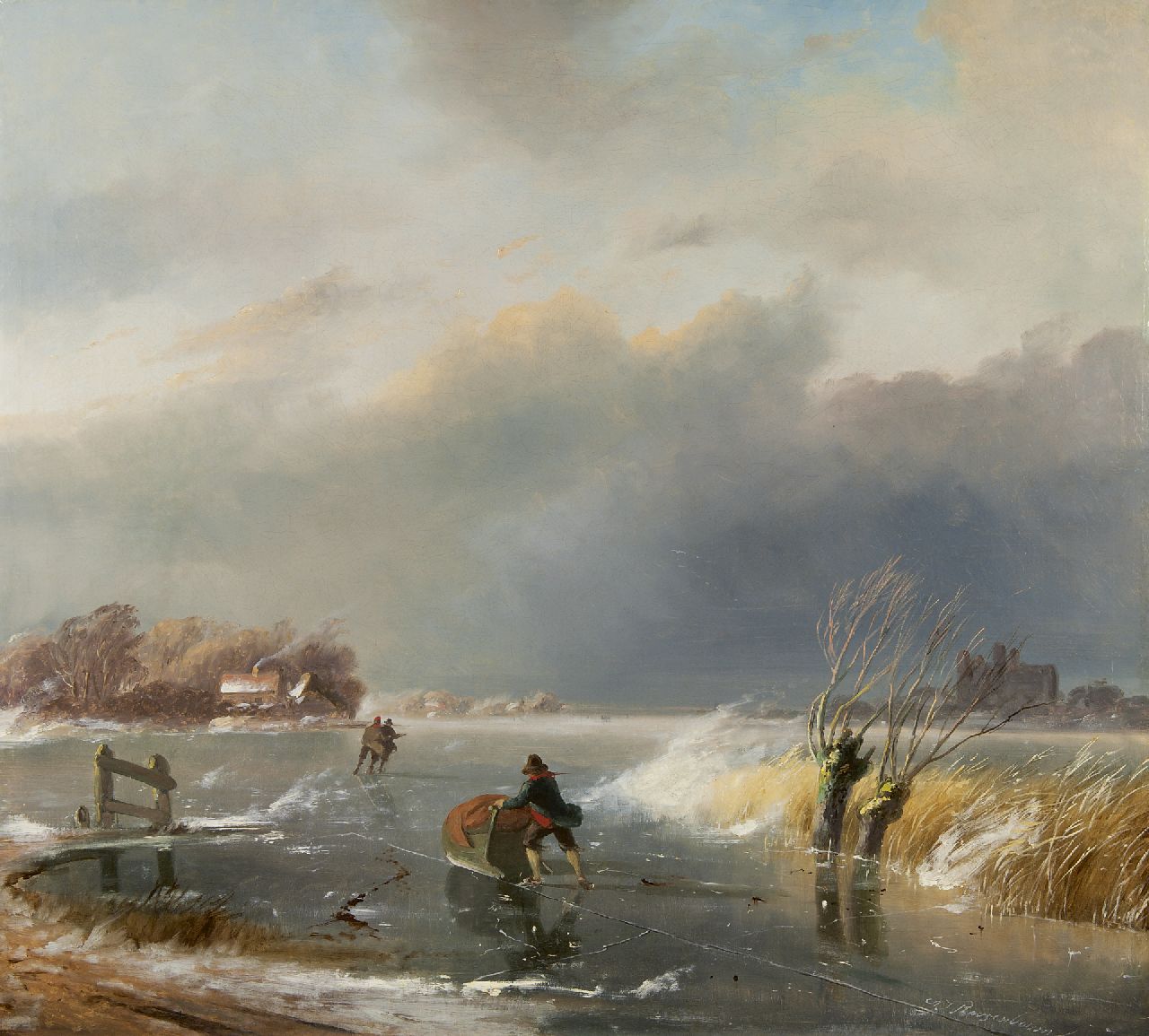 Roosenboom N.J.  | Nicolaas Johannes Roosenboom, A frozen waterway with skaters, oil on canvas 90.5 x 100.0 cm, signed l.r.