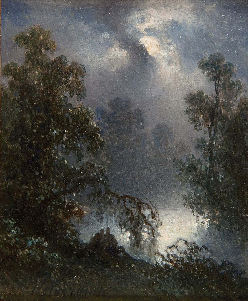 Hilverdink J.  | Johannes Hilverdink, A pond with two figures by moonlight, oil on panel 10.8 x 9.1 cm, signed l.l.