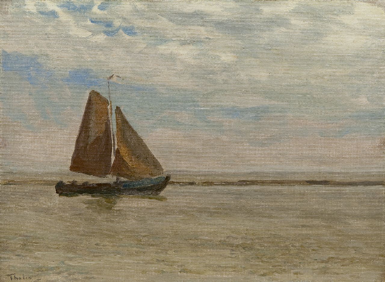Tholen W.B.  | Willem Bastiaan Tholen | Paintings offered for sale | Fishing boat at sea,probably 'Krabbersgat', near Enkhuizen, oil on canvas laid down on panel 25.4 x 34.6 cm, signed l.l.