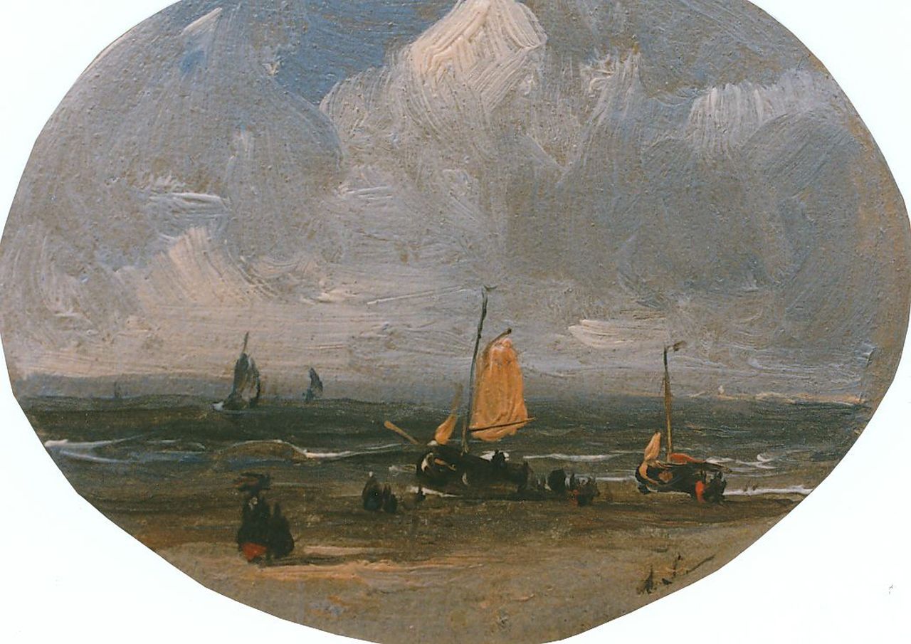 Schelfhout A.  | Andreas Schelfhout, A view on the beach, oil on panel, oval 6.0 x 7.5 cm, signed l.r. with monogram