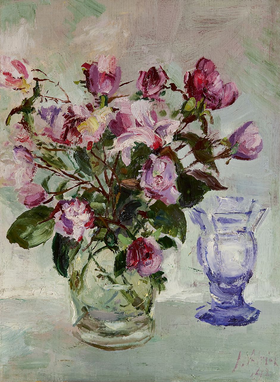 Altink J.  | Jan Altink, Roses in a glass vase, oil on canvas 40.0 x 30.0 cm, signed l.r. and dated '42
