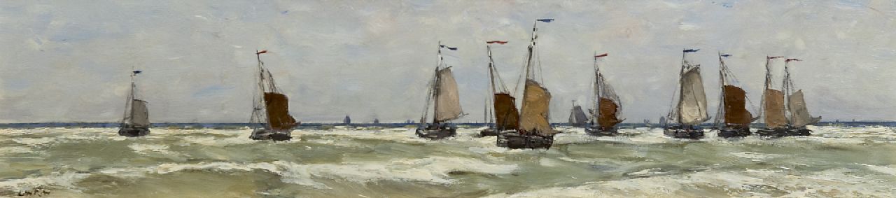 Wenckebach L.W.R.  | Ludwig 'Willem' Reijmert Wenckebach, Fishingboats setting sail, oil on panel 22.7 x 76.8 cm, signed l.r. with initials