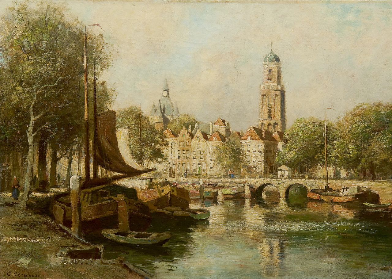 Bouter C.W.  | Cornelis Wouter 'Cor' Bouter, A view of Zwolle with the Onze-Lieve-Vrouwetoren or 'Peperbus', oil on canvas 50.0 x 70.3 cm, signed l.l. 'C. Verschuur'