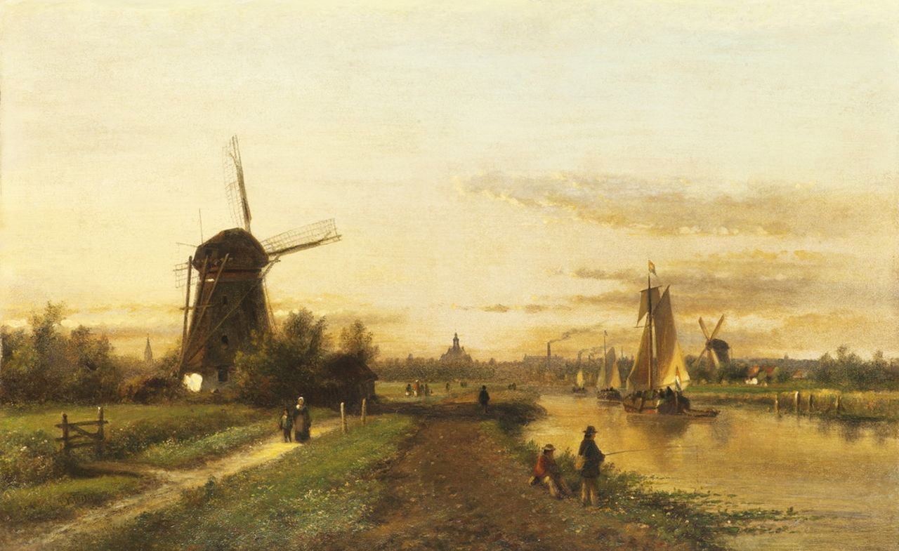 Kleijn L.J.  | Lodewijk Johannes Kleijn, A view of the river De Vliet with The Hague in the distance, oil on panel 32.3 x 51.1 cm, signed l.l.