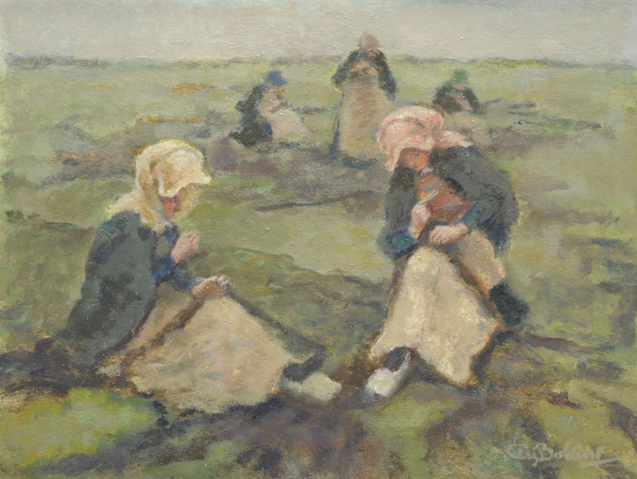 Bolding C.  | Cornelis 'Cees' Bolding, Mending the nets, Scheveningen, oil on panel 33.0 x 43.9 cm, signed l.r. and painted after 1936