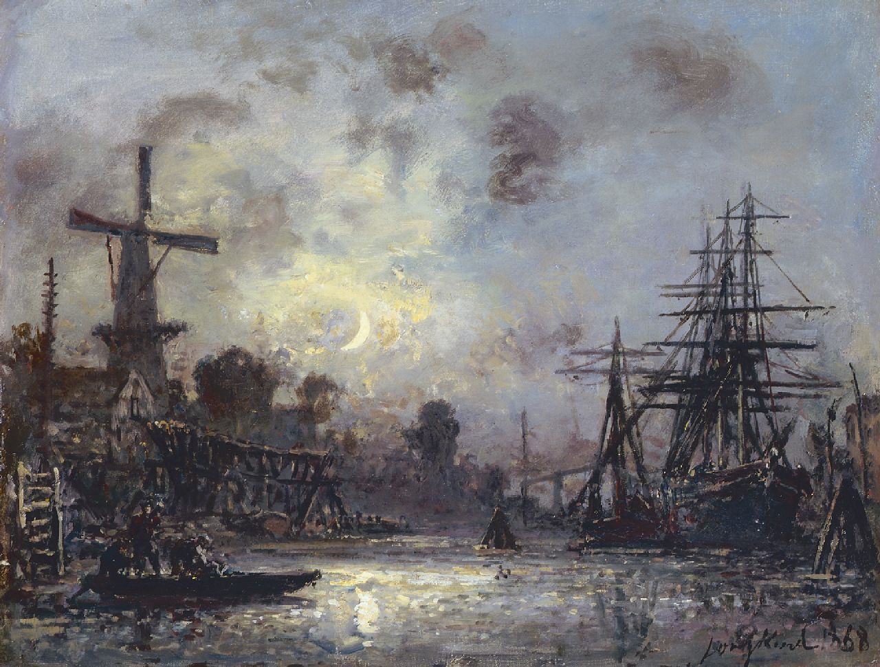 Jongkind J.B.  | Johan Barthold Jongkind, Clair de Lune, Old Delfshaven, oil on canvas laid down on panel 33.1 x 43.0 cm, signed l.r. and dated 1868