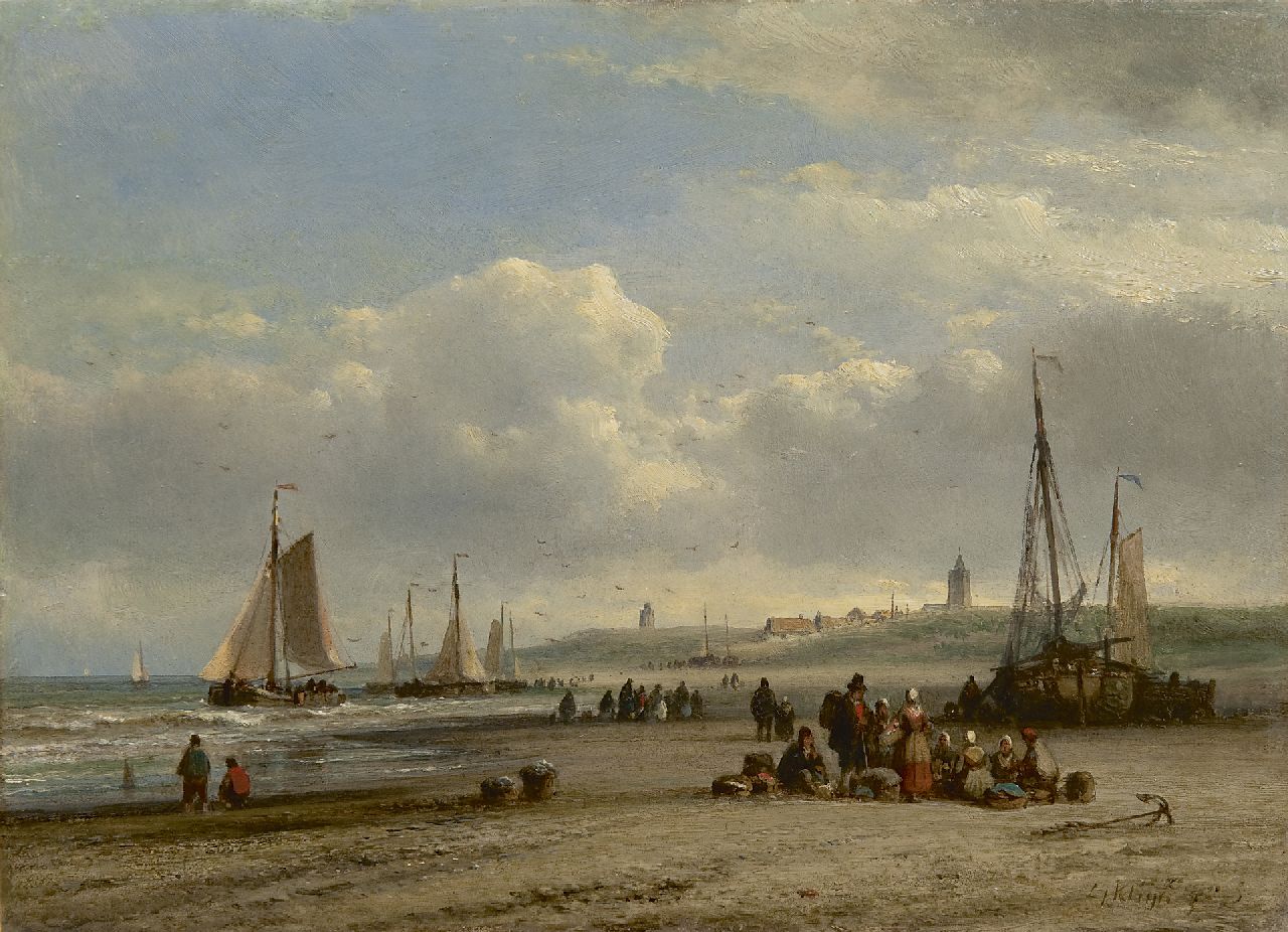 Kleijn L.J.  | Lodewijk Johannes Kleijn, The catch on the beach, oil on panel 23.1 x 31.8 cm, signed l.r.