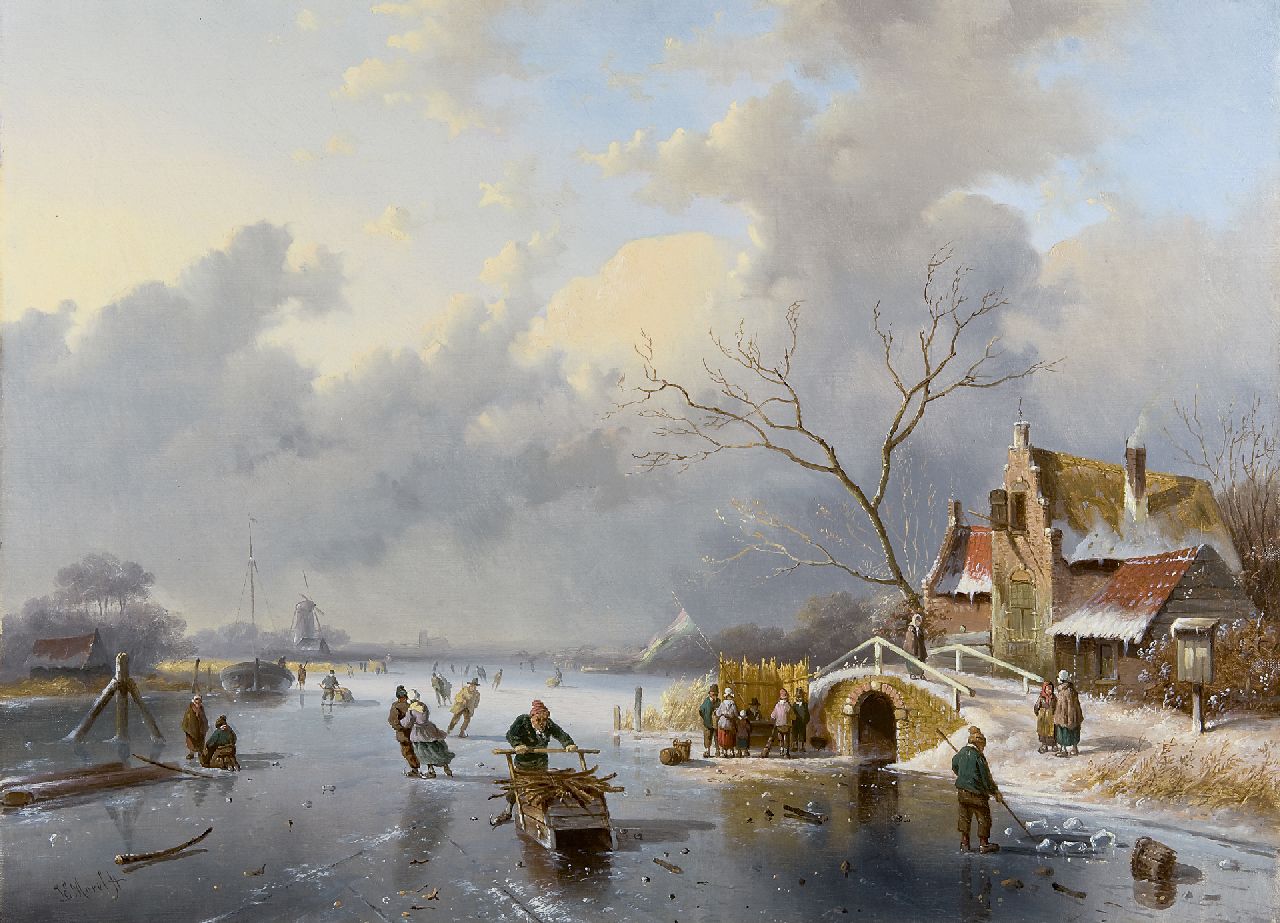 Morel II J.E.  | Jan Evert Morel II, A winter scene with skaters, oil on canvas 50.2 x 68.1 cm, signed l.l.