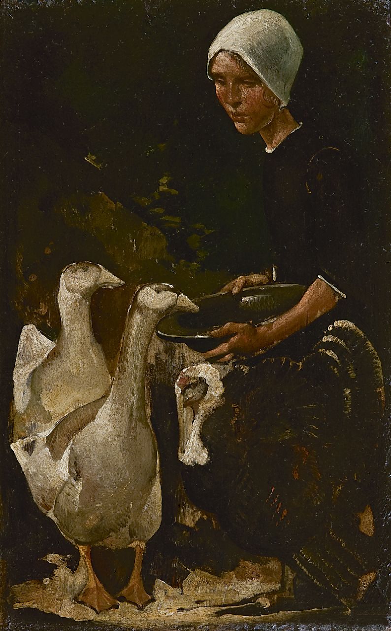 Berg W.H. van den | 'Willem' Hendrik van den Berg, The Goose girl, oil on panel 28.3 x 17.7 cm