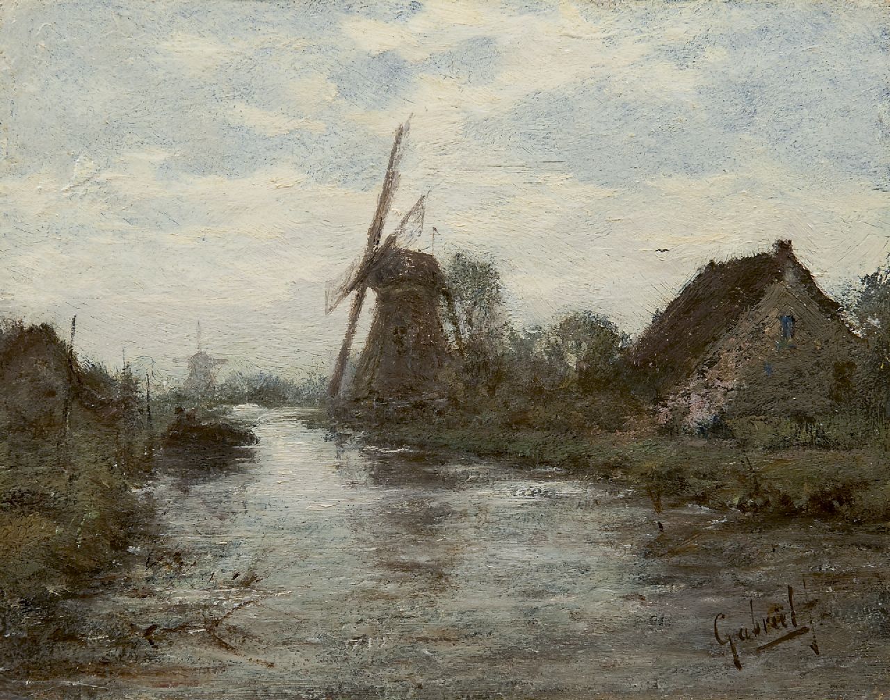 Gabriel P.J.C.  | Paul Joseph Constantin 'Constan(t)' Gabriel, A polder landscape with windmills, oil on panel 18.6 x 23.9 cm, signed l.r.