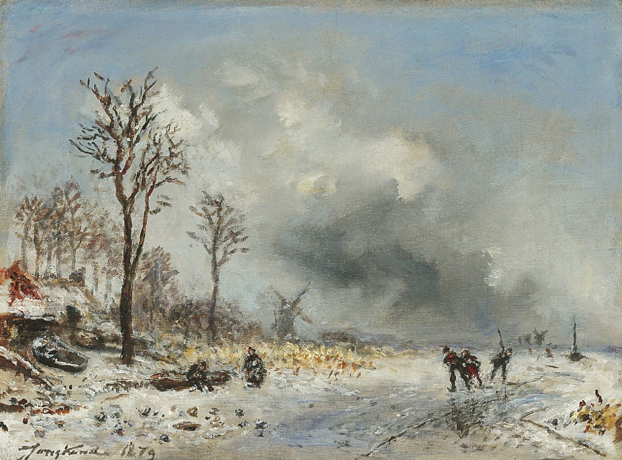 Jongkind J.B.  | Johan Barthold Jongkind, Skaters in the vicinity of Rotterdam, oil on canvas 24.7 x 33.0 cm, signed l.l. and dated 1879