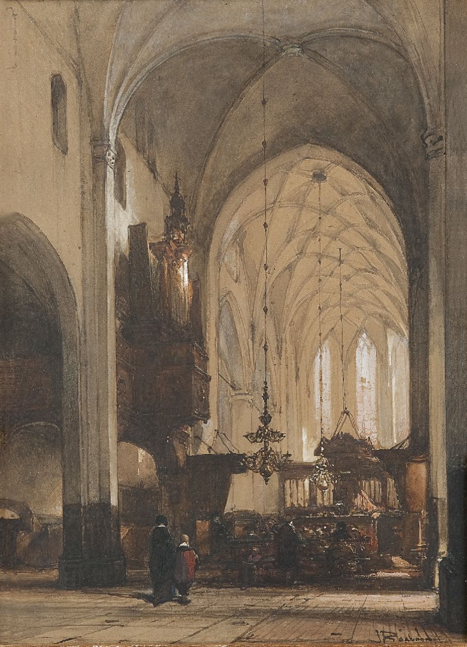 Bosboom J.  | Johannes Bosboom, Worshipping in the Grote Kerk, Hattem, watercolour on paper 49.5 x 36.0 cm, signed l.r.