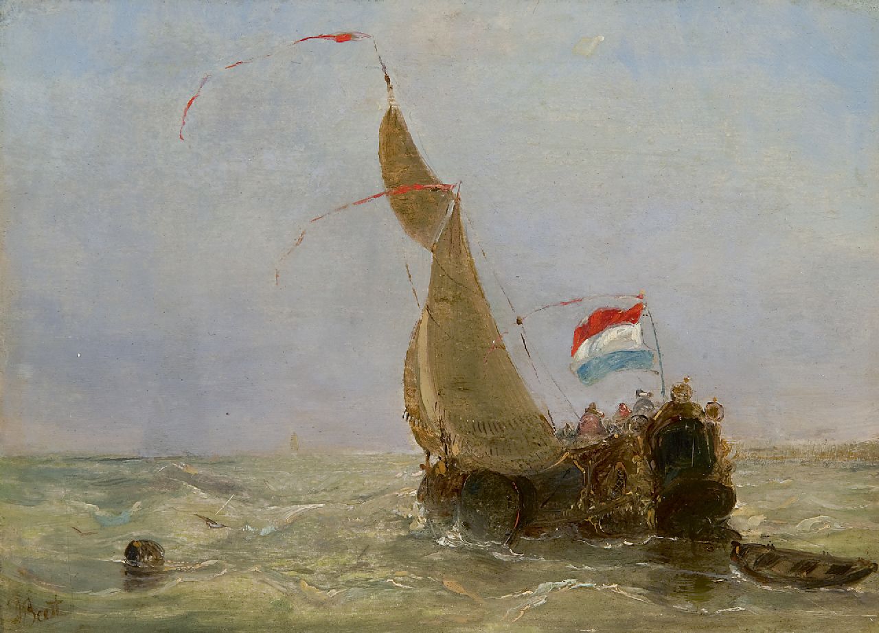 Beest A. van | Albertus van Beest, A Dutch 'boeier' on a choppy sea, oil on panel 14.8 x 20.7 cm, signed l.l.