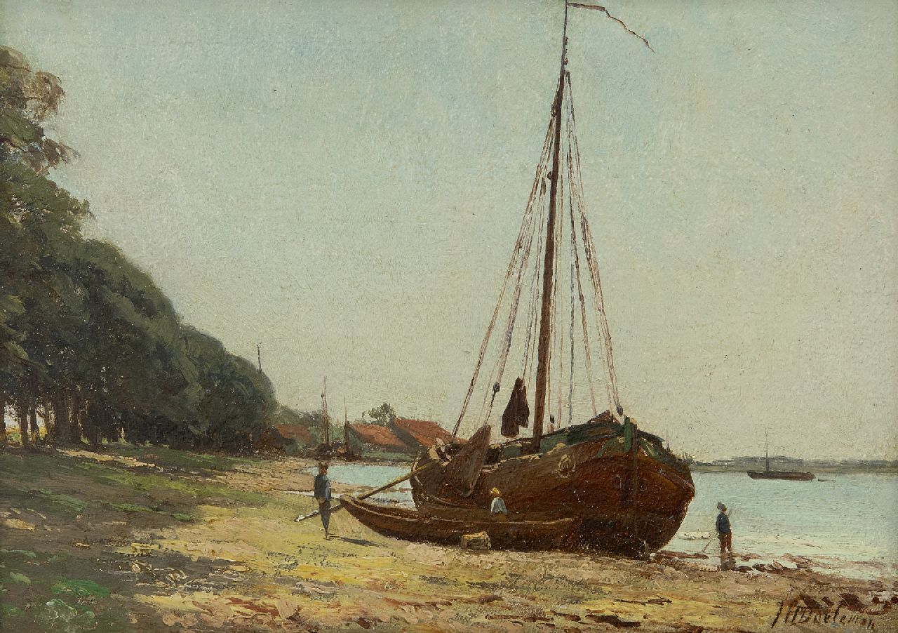 Johan Hendrik Doeleman | A dutch sailing ship at low tide, oil on panel, 19.6 x 28.0 cm, signed l.r.