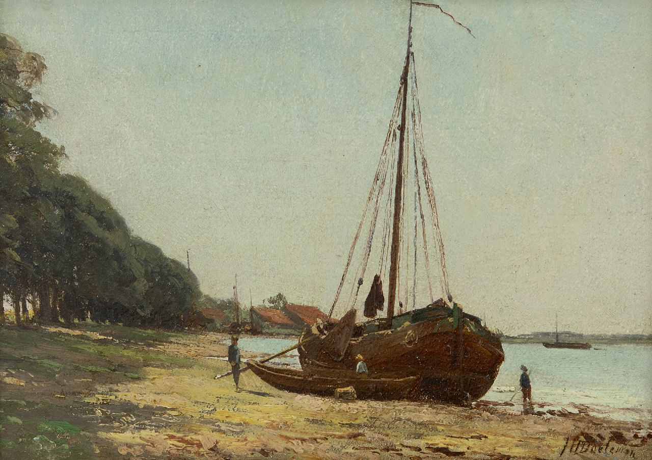 Doeleman J.H.  | Johan Hendrik Doeleman | Paintings offered for sale | A dutch sailing ship at low tide, oil on panel 19.6 x 28.0 cm, signed l.r.