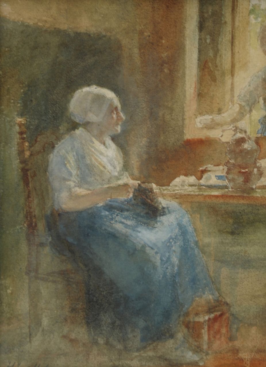 Mélis H.J.  | Henricus Joannes Mélis, Women kniting, watercolour on paper 32.0 x 23.0 cm, gesigneerd linksonder