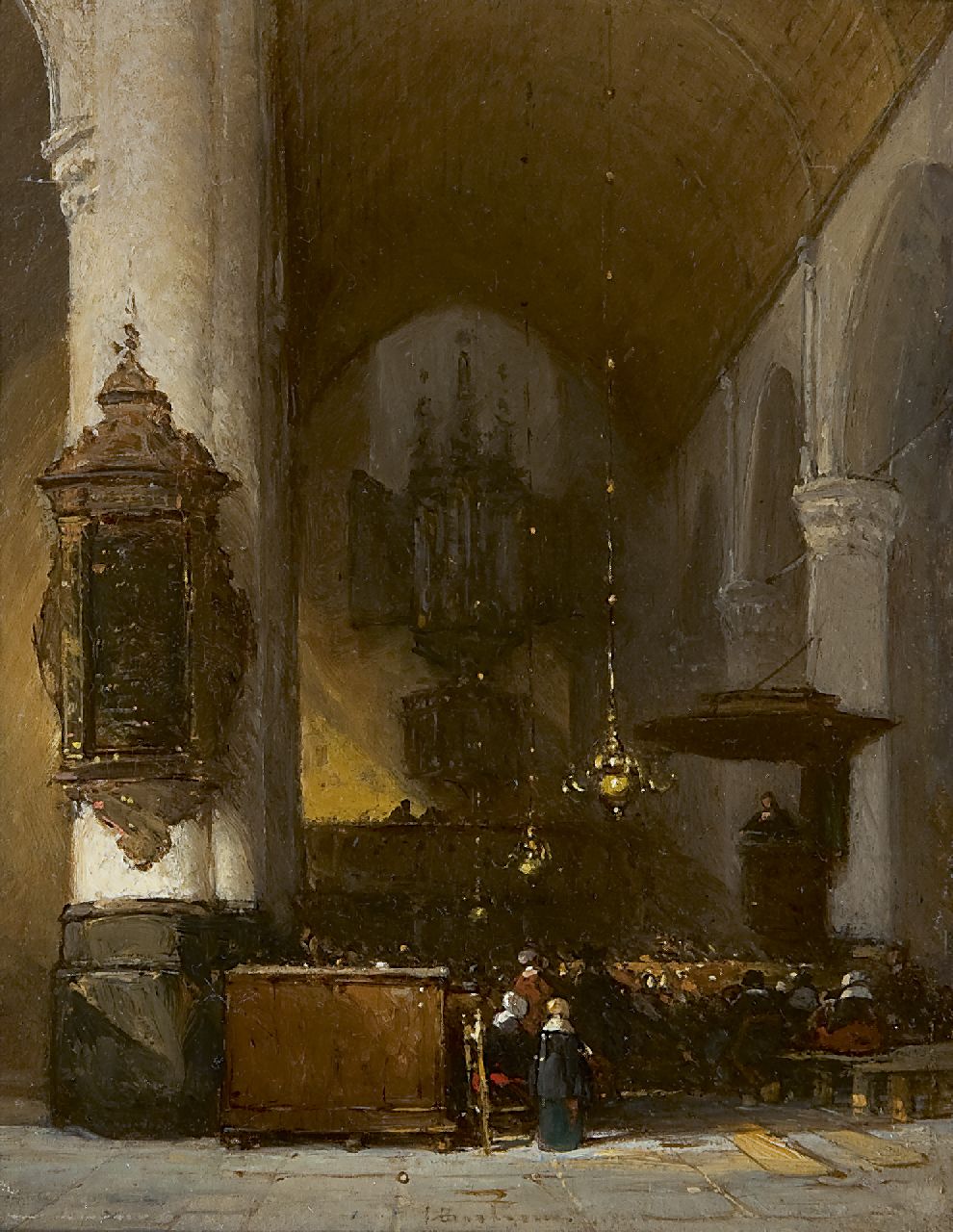 Bosboom J.  | Johannes Bosboom, A church interior, oil on panel 18.5 x 14.5 cm, signed l.c.