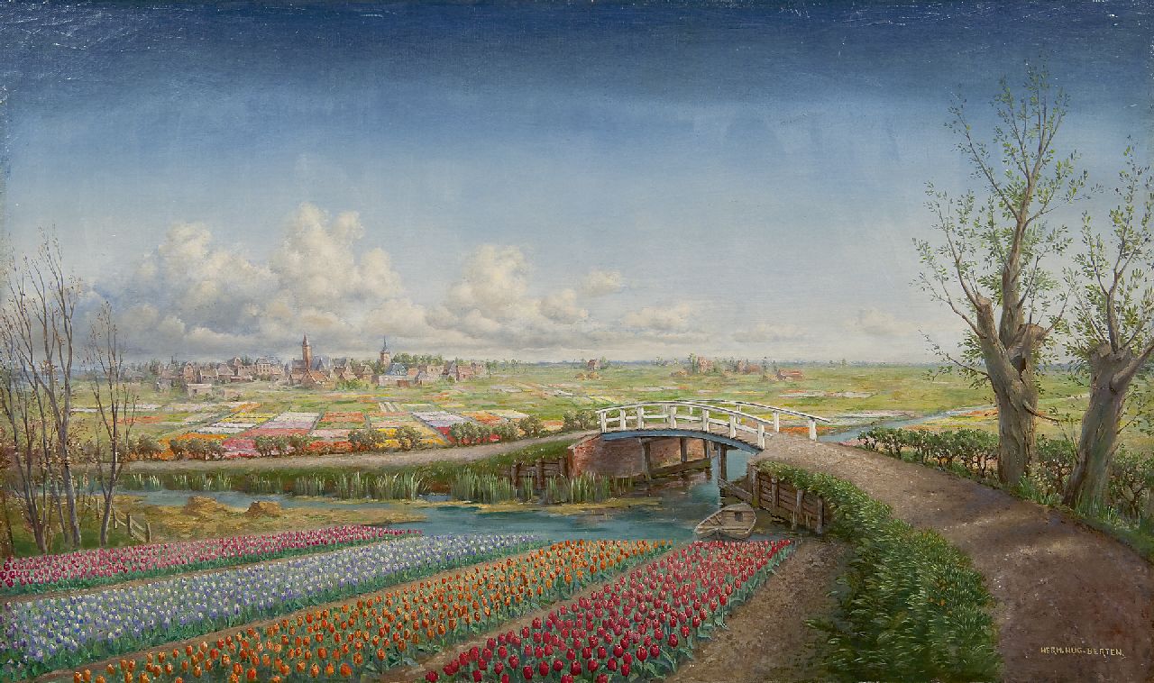Berten H.H.  | Hermann 'Hugo' Berten, Bulb fields near Noordwijk-Binnen, oil on canvas 47.0 x 77.4 cm, signed l.r. and painted in the 30's/40's