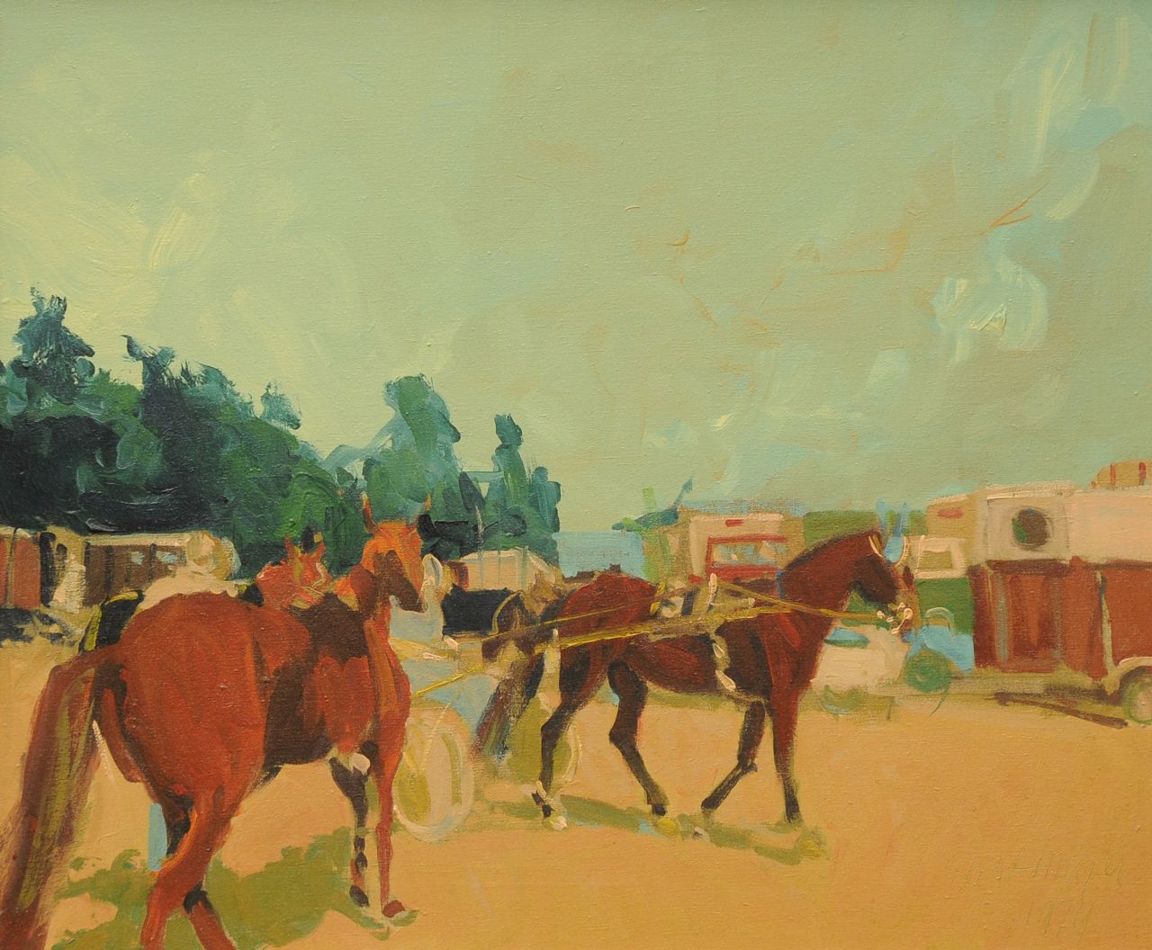 Meyer G.  | Geert Meyer, At the racetrack, oil on canvas 50.4 x 60.4 cm, signed l.r. and dated 1979