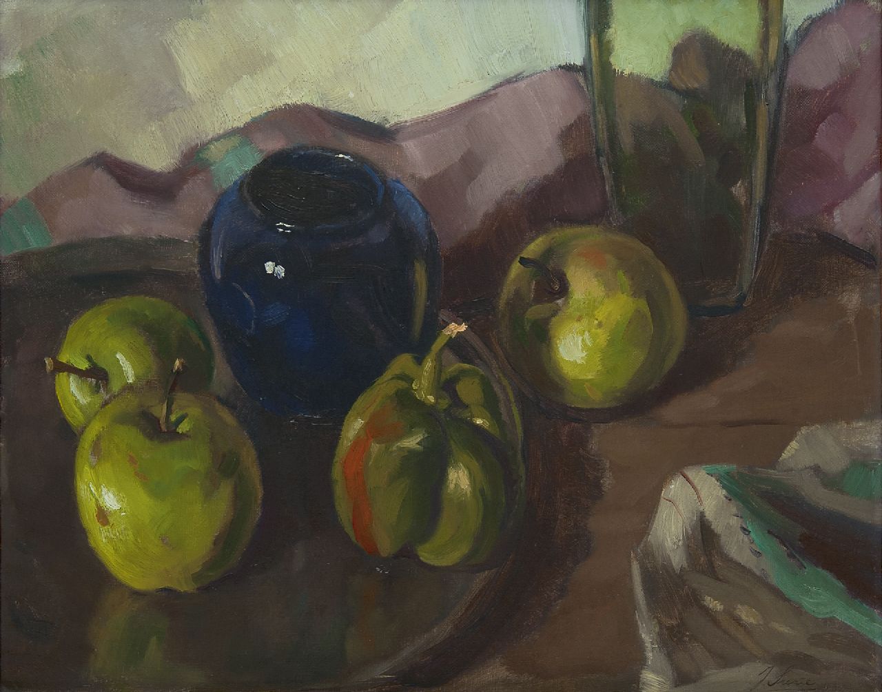 Surie J.  | Jacoba 'Coba' Surie, Plate with apples and paprika, oil on canvas 40.7 x 50.5 cm, signed l.r.