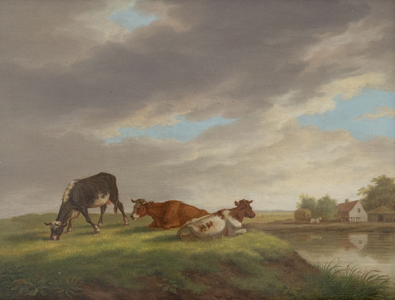 Burgh H.A. van der | Hendrik Adam van der Burgh | Paintings offered for sale | Cows in a landscape with a farm, oil on panel 20.4 x 26.3 cm, signed l.l. and painted 1821