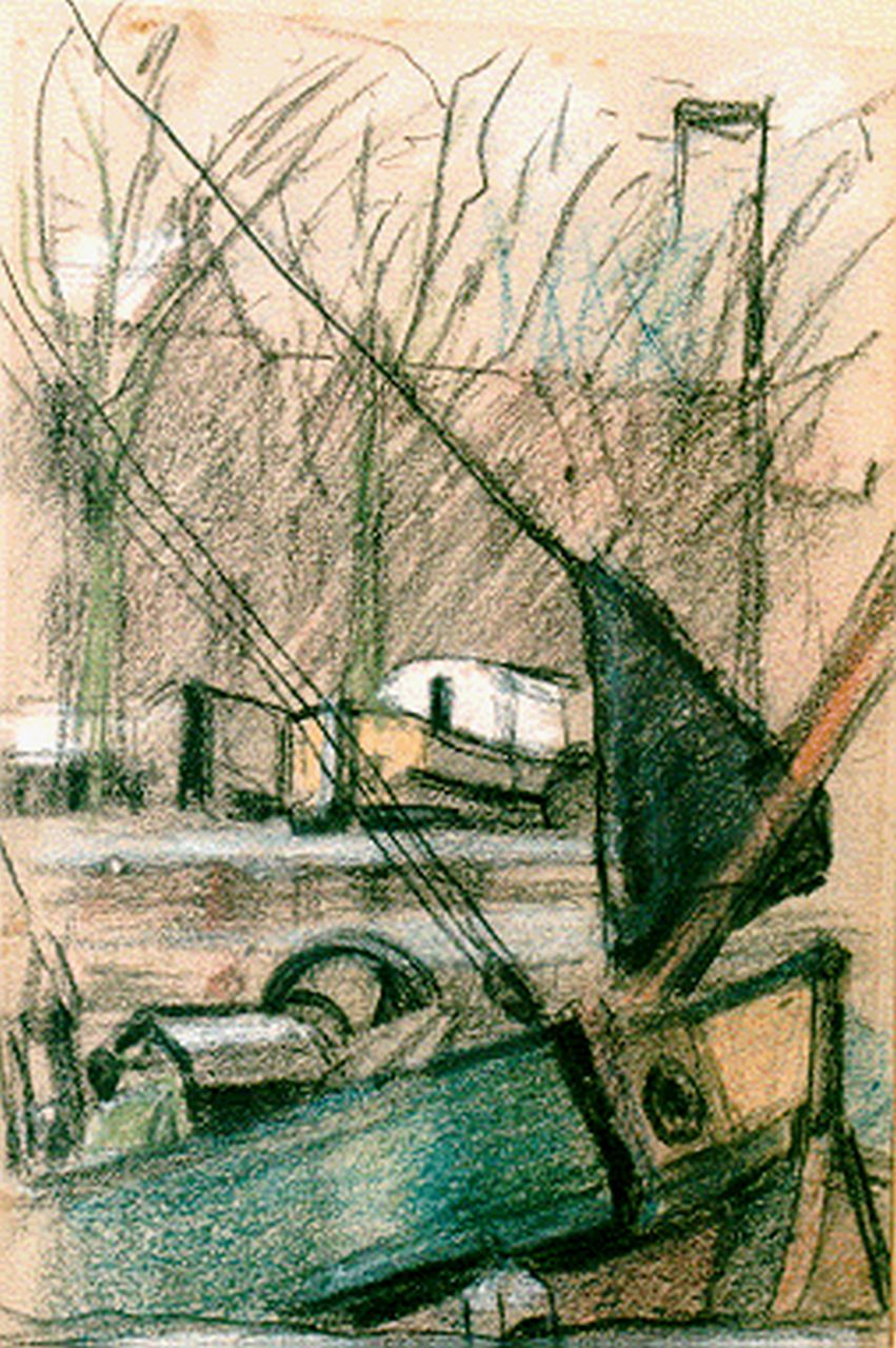 Kruyder H.J.  | 'Herman' Justus Kruyder, Moored boats, Het Spaarne, mixed media on paper 20.5 x 13.5 cm, signed l.c.