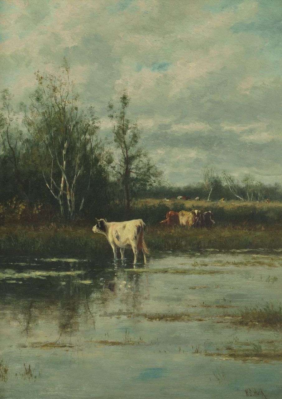 Hulk W.F.  | Willem Frederik Hulk, Cows along the water, oil on canvas 30.6 x 23.0 cm, signed l.r.