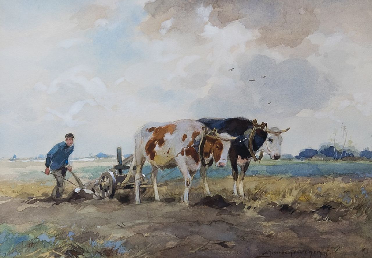 Groenewegen A.J.  | Adrianus Johannes Groenewegen | Watercolours and drawings offered for sale | Ploughing farmer with oxen, watercolour on paper 19.0 x 26.3 cm, signed l.r.