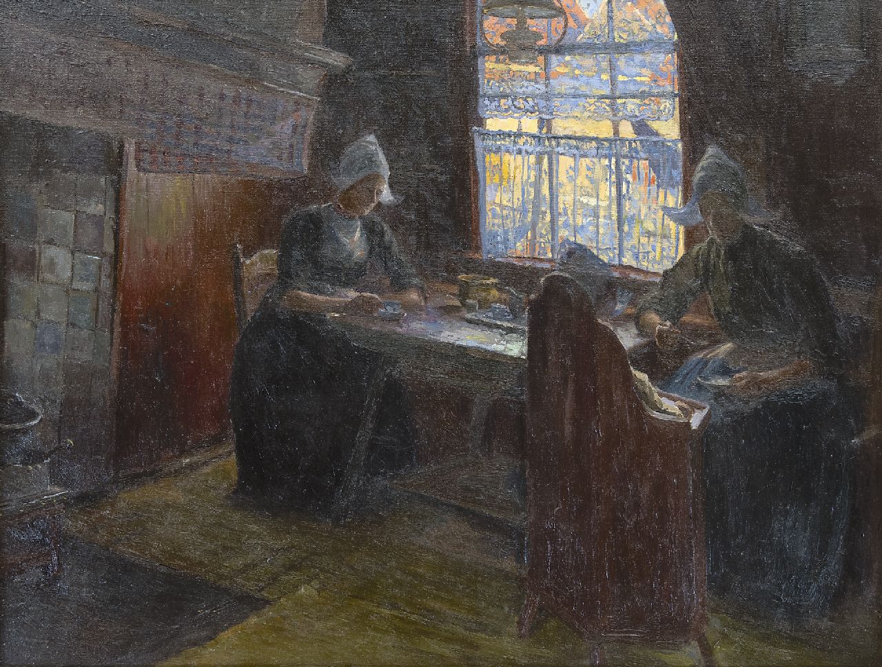 Benoit-Levy J.  | Jules Benoit-Levy, Interior with Volendam women, oil on canvas 53.2 x 69.9 cm, signed l.r.