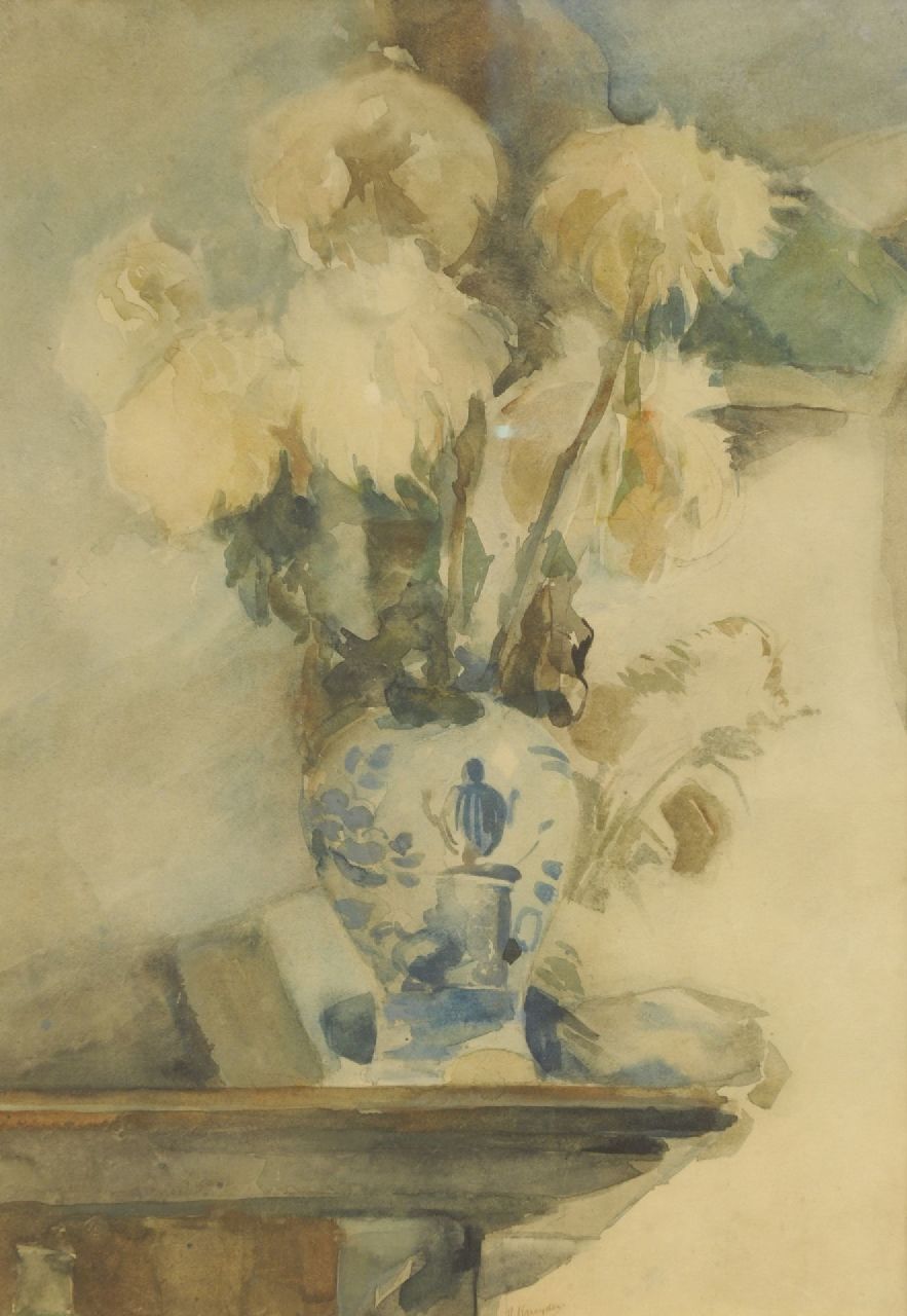 Kruyder H.J.  | 'Herman' Justus Kruyder, Chrysantemum in a Delft blue vase, mixed media on paper 60.5 x 42.5 cm, signed l.c.