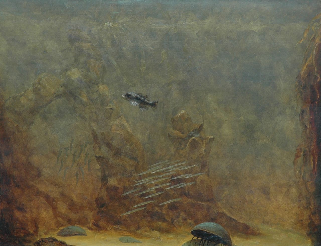 Dijsselhof G.W.  | Gerrit Willem Dijsselhof, Smelt and a short-spined bullhead, oil on panel 44.4 x 57.0 cm