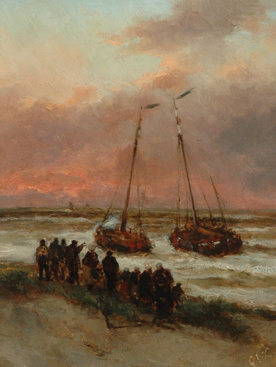 Kiers G.L.  | George Lourens Kiers, The fishing fleet setting out for sea, oil on painter's board 22.7 x 17.5 cm, signed l.r. with initials and reverse