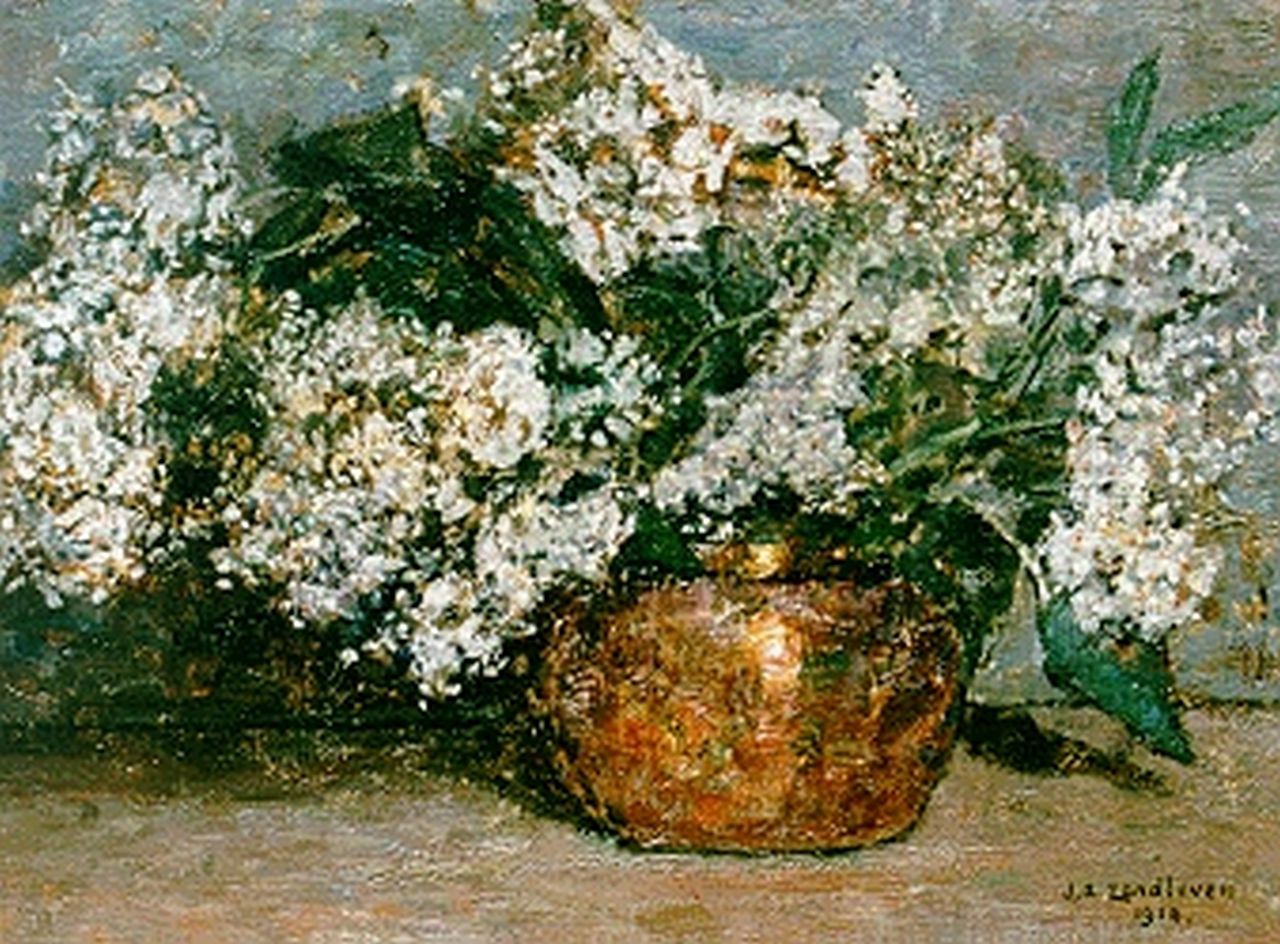 Zandleven J.A.  | Jan Adam Zandleven, Lilacs in a copper pot, oil on canvas laid down on painter's board 34.5 x 46.9 cm, signed l.r. and dated 1910