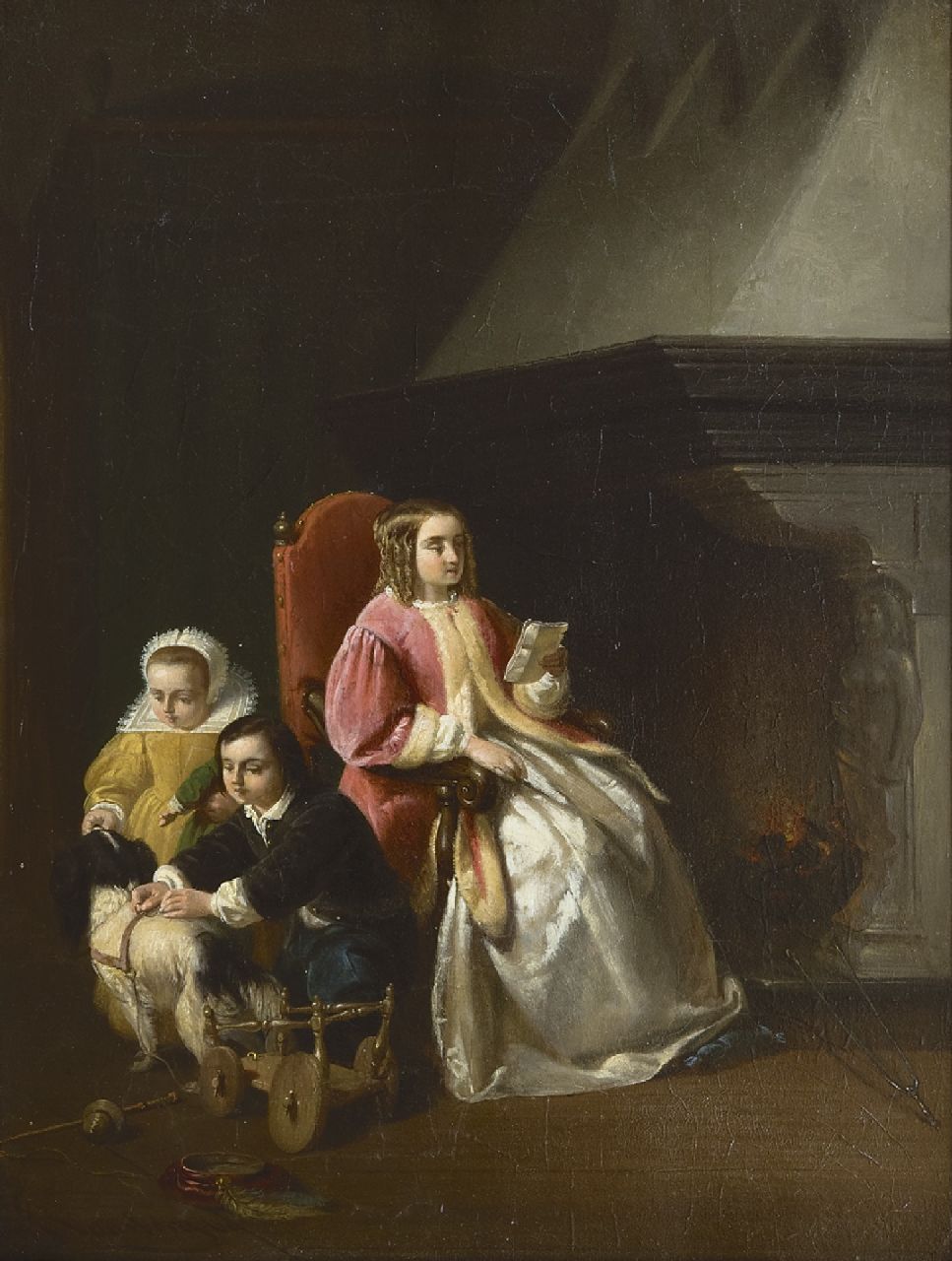 Joannes Christoffel Vaarberg | A mother with her children by a fire place, oil on panel, 29.5 x 22.6 cm, signed l.l. and dated '60