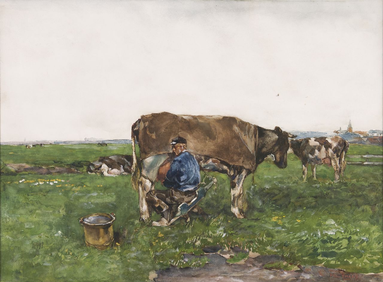 Zwart W.H.P.J. de | Wilhelmus Hendrikus Petrus Johannes 'Willem' de Zwart | Watercolours and drawings offered for sale | Milking time, watercolour and gouache on paper 52.0 x 72.0 cm, signed l.r.