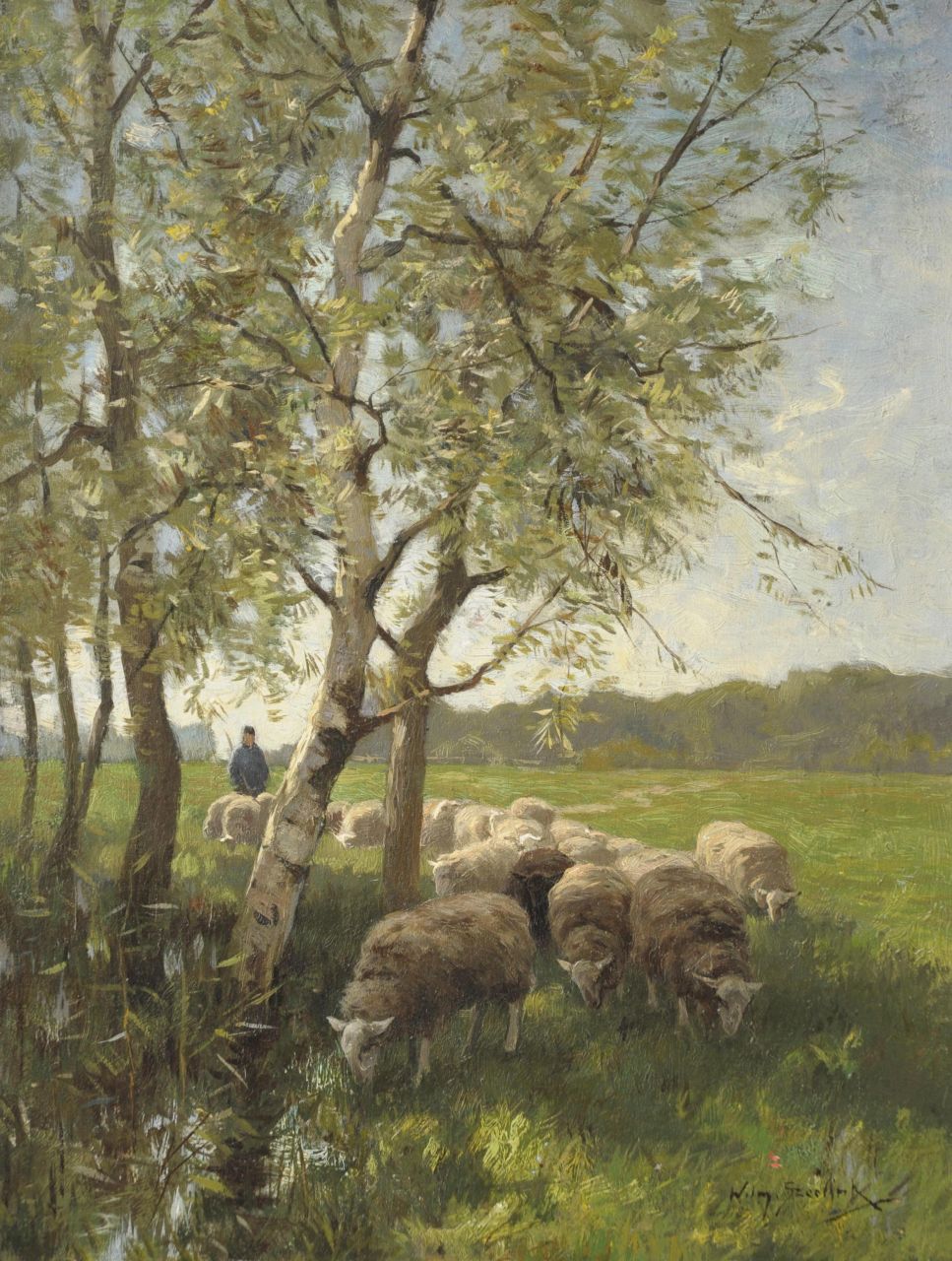 Steelink jr. W.  | Willem Steelink jr., A shepherd with his flock, oil on canvas 41.3 x 31.6 cm, signed l.r.