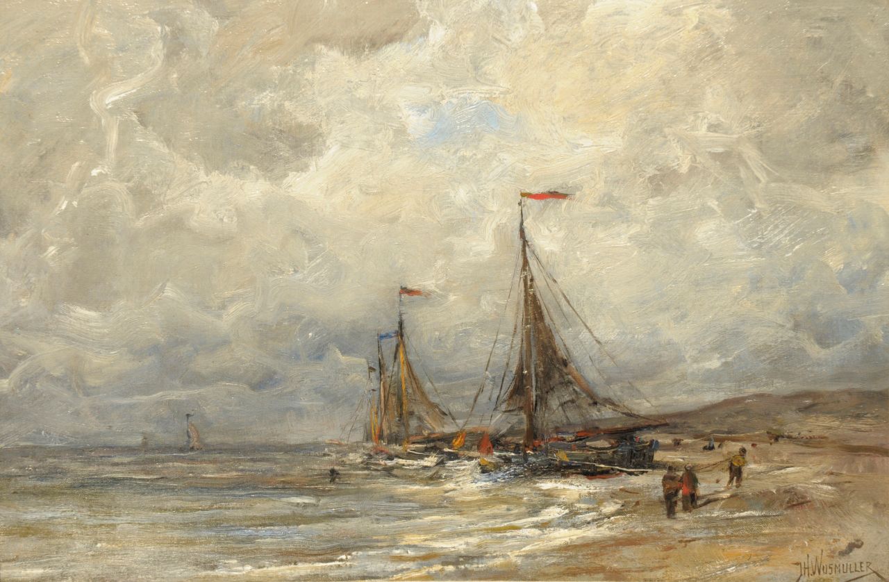 Wijsmuller J.H.  | Jan Hillebrand Wijsmuller, Sailing boats at the beach of Egmond aan Zee, oil on canvas 32.1 x 48.2 cm, signed l.r.