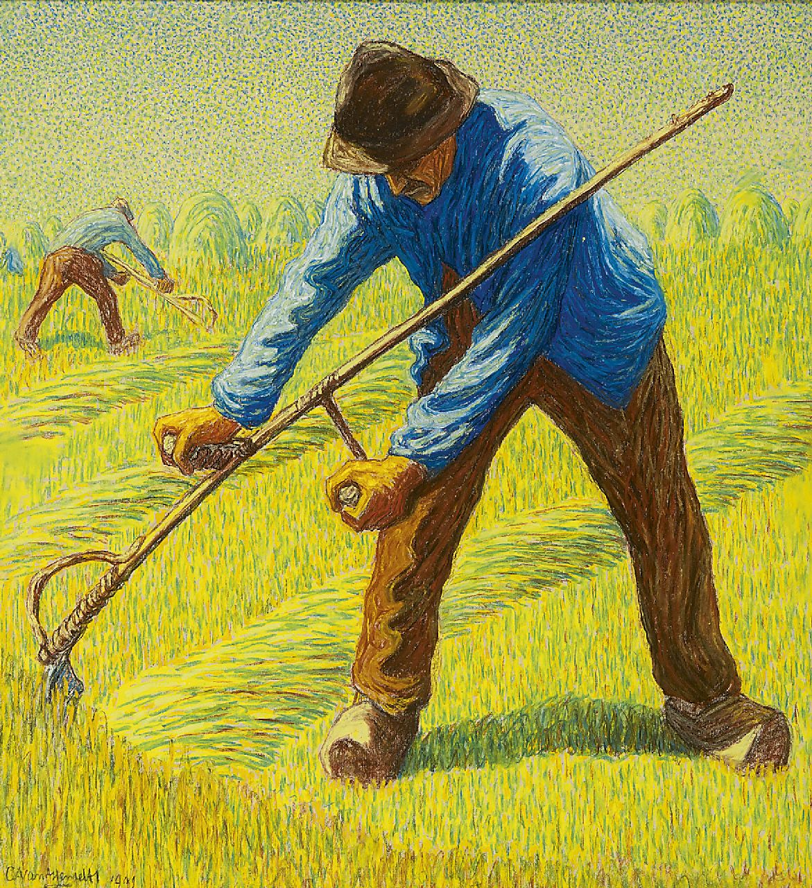 Assendelft C.A. van | Cornelis Albert van Assendelft, The mower, coloured chalk and pastel on paper 60.0 x 55.8 cm, signed l.l. and dated 1909